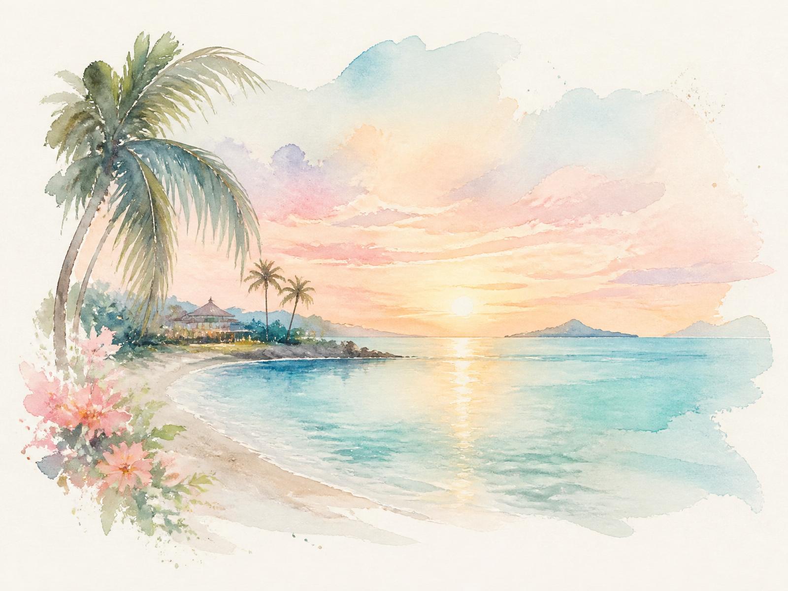 Playa tropical en acuarela
